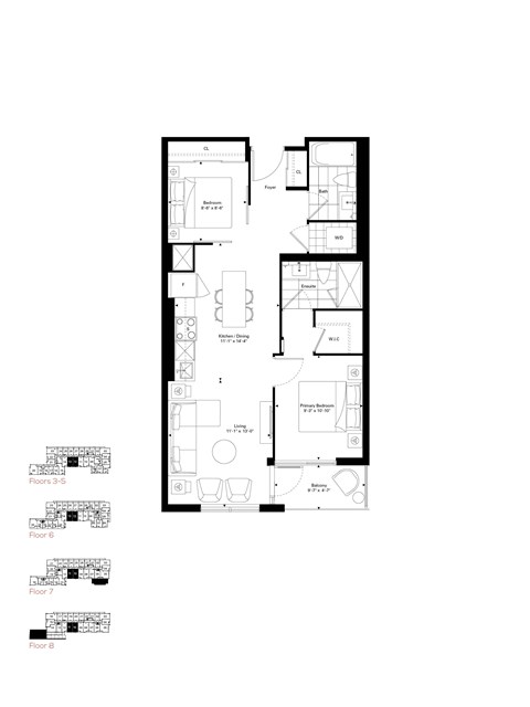 Floor plan for 2 beds, 2 baths, 795 sqft